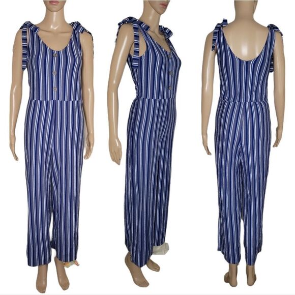 Arizona Jean Co.Blue & White Striped Tie Strap Tank Jumpsuit. - Picture 1 of 13